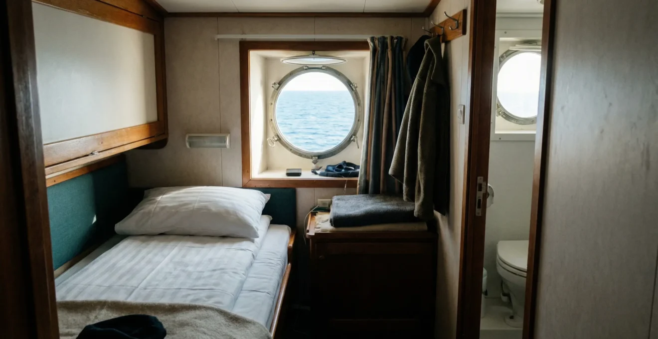 Intérieur d'une cabine ferry avec lit et hublot donnant sur la mer