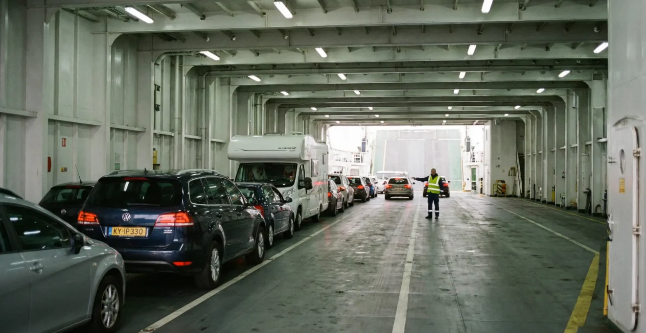 File de voitures et camping-car embarquant sur le pont garage d'un ferry