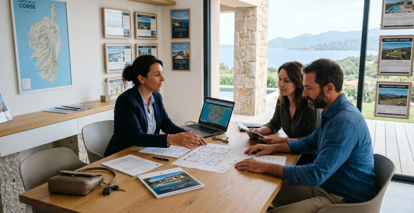 Consultation immobilière dans une agence corse contemporaine, conseiller et clients autour d'une table avec documents de biens immobiliers, fenêtre donnant sur paysage insulaire