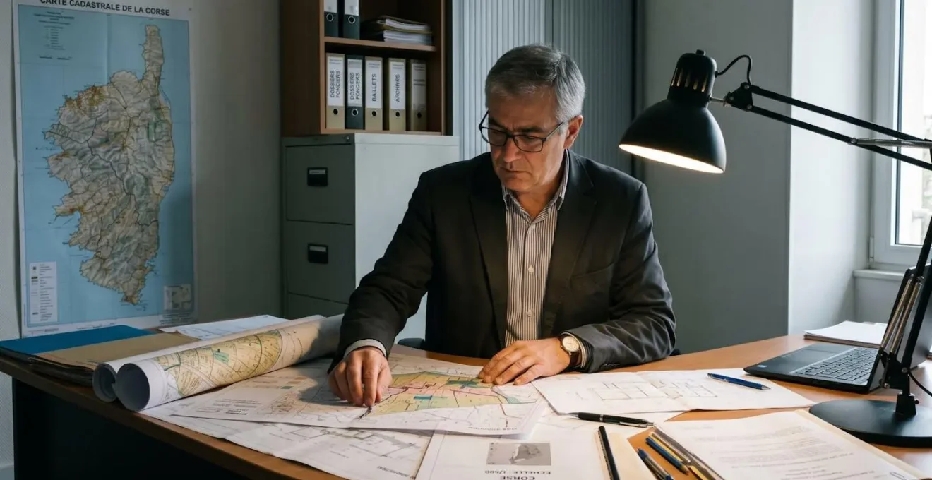 Expert immobilier examinant plans cadastraux et documents d'urbanisme sur un bureau, carte de Corse murale, éclairage concentré sur la documentation