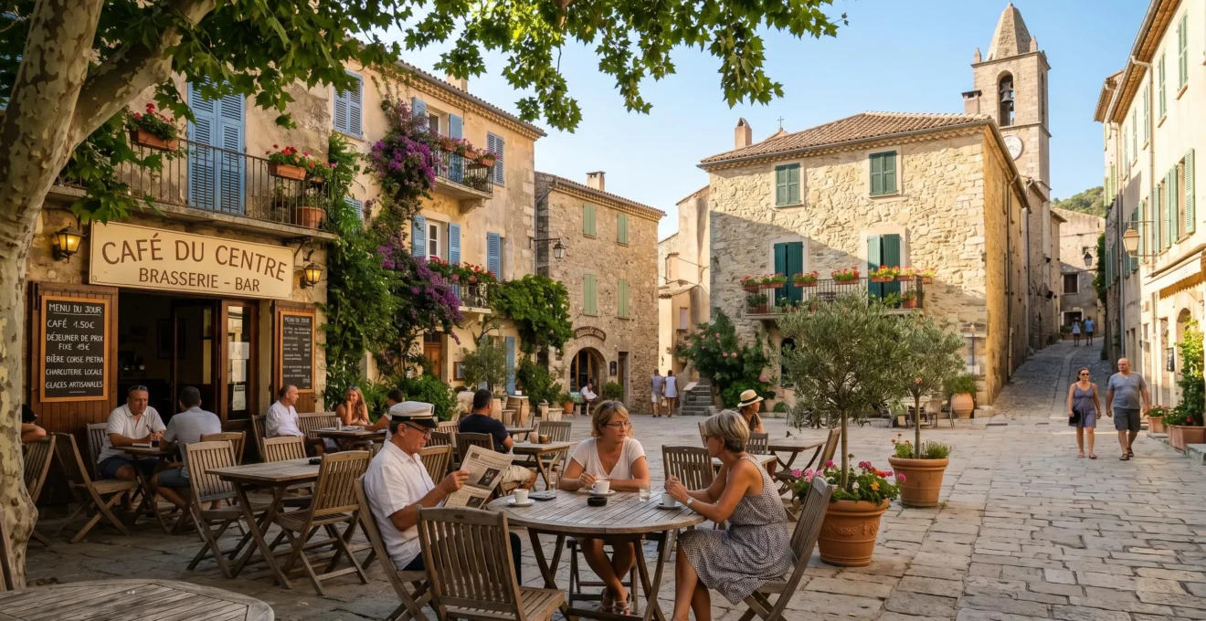 Place villageoise corse avec terrasse de café en pierre traditionnelle, tables en bois, arbres d'ombrage et ambiance méditerranéenne détendue