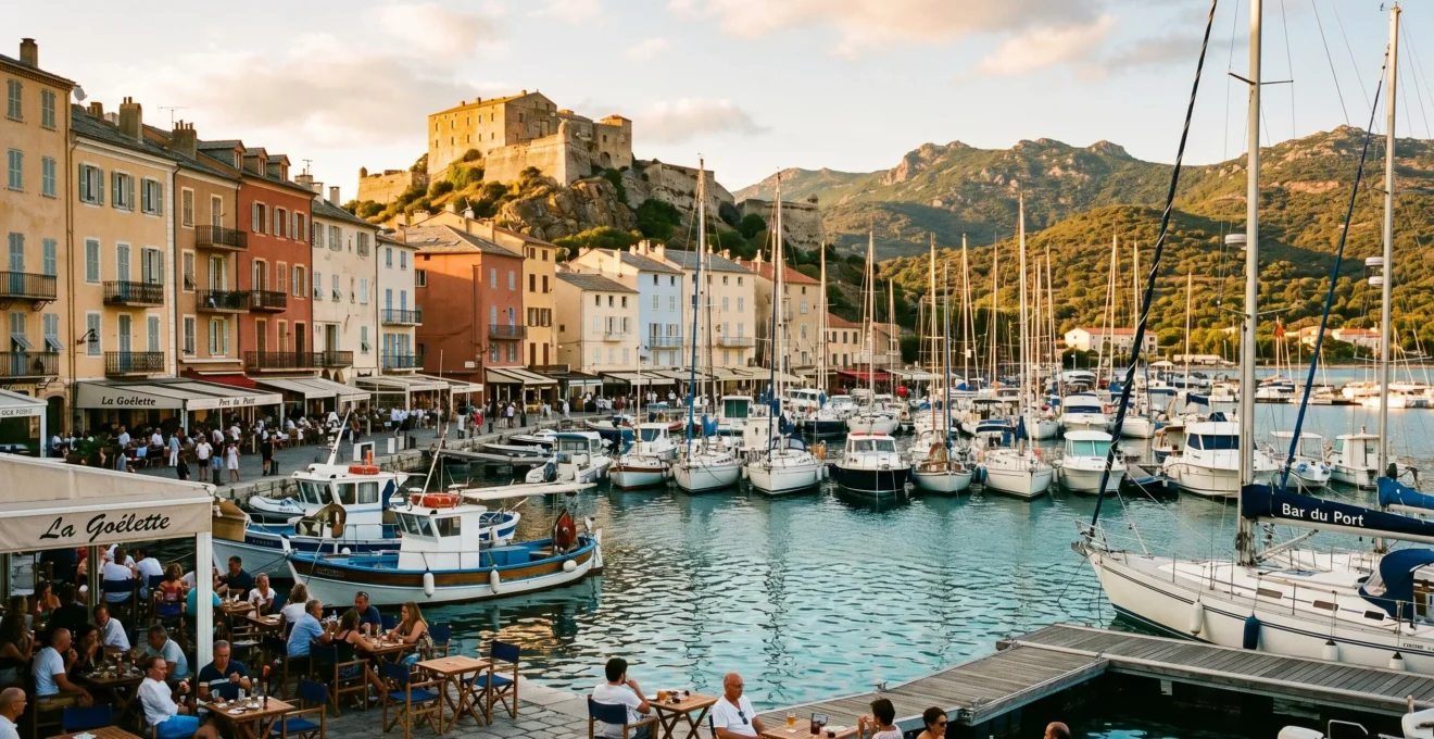 Port de Saint-Florent en Corse au coucher du soleil, façades colorées, bateaux de plaisance, citadelle génoise en arrière-plan, terrasses animées