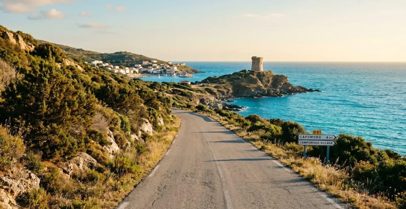 Route côtière corse menant vers la mer avec végétation de maquis, eau turquoise et tour génoise historique au loin