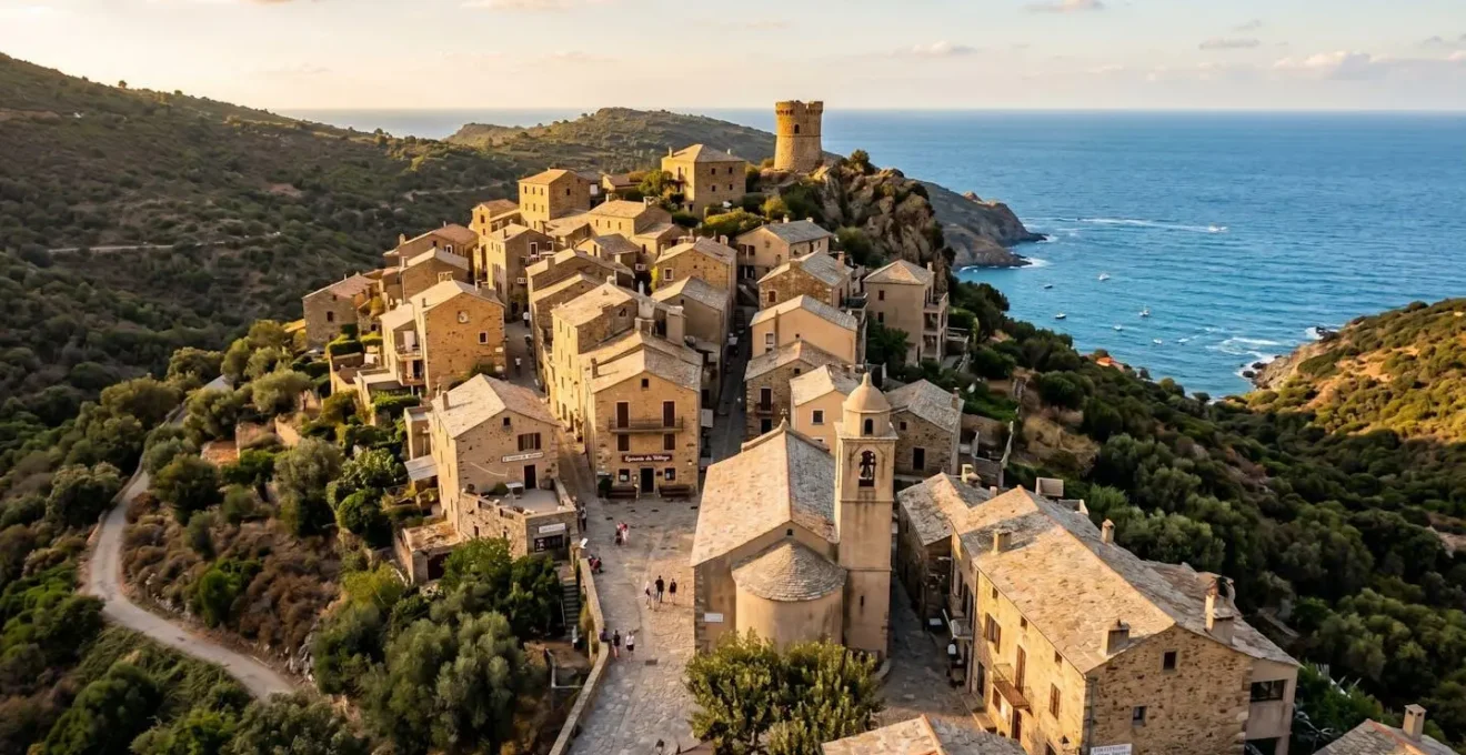 Village corse traditionnel perché sur une colline au coucher du soleil, avec maisons en pierre aux toits de tuiles, ruelles pavées et maquis méditerranéen environnant