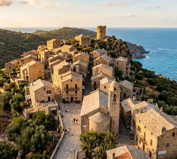 Village corse traditionnel perché sur une colline au coucher du soleil, avec maisons en pierre aux toits de tuiles, ruelles pavées et maquis méditerranéen environnant