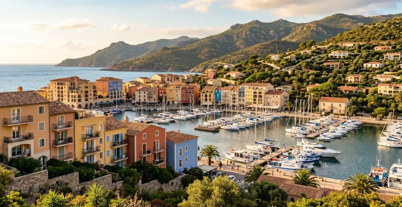 Vue panoramique d'une marina corse avec immeubles résidentiels en bord de mer, architecture méditerranéenne typique, collines du maquis en arrière-plan, lumière dorée
