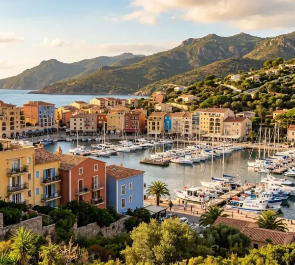 Vue panoramique d'une marina corse avec immeubles résidentiels en bord de mer, architecture méditerranéenne typique, collines du maquis en arrière-plan, lumière dorée
